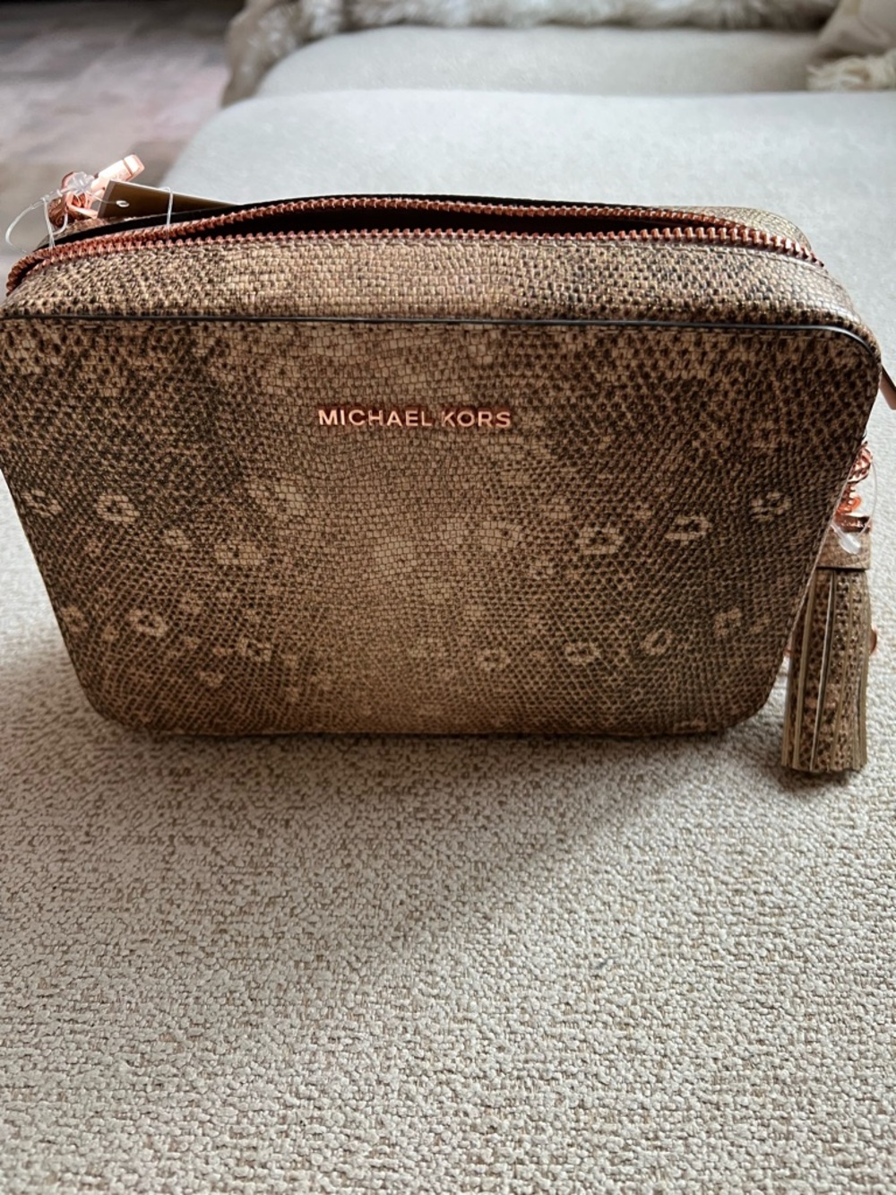 Michael Kors Snake-Print Brown Crossbody Camera Bag with Tassel